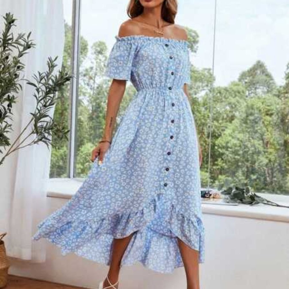 Ditsy Floral Print Button Front Bardot Dress Medium